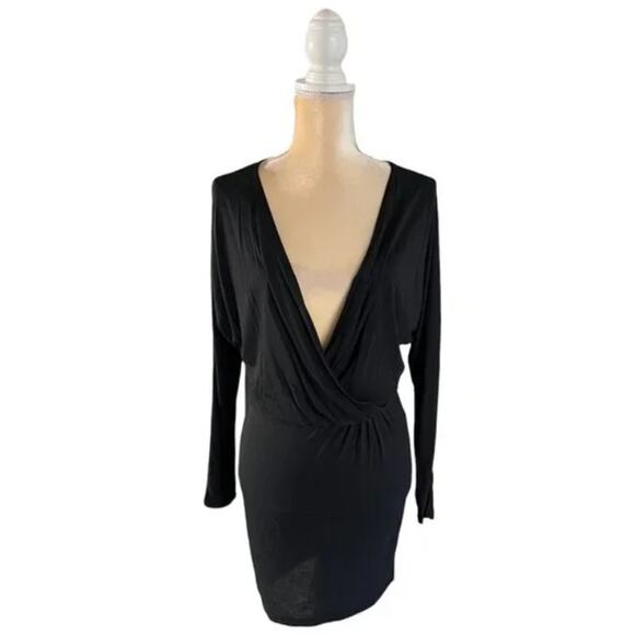 Haute Hippie Modal Surplice Neckline Faux Wrap Dress small Solid Black New NWT - Picture 2 of 8